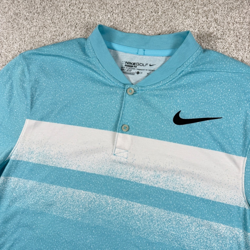 Nike Golf Polo Mens Medium Blue Dri-FIT Modern Fit Blade Collar‎ Stripe Shirt